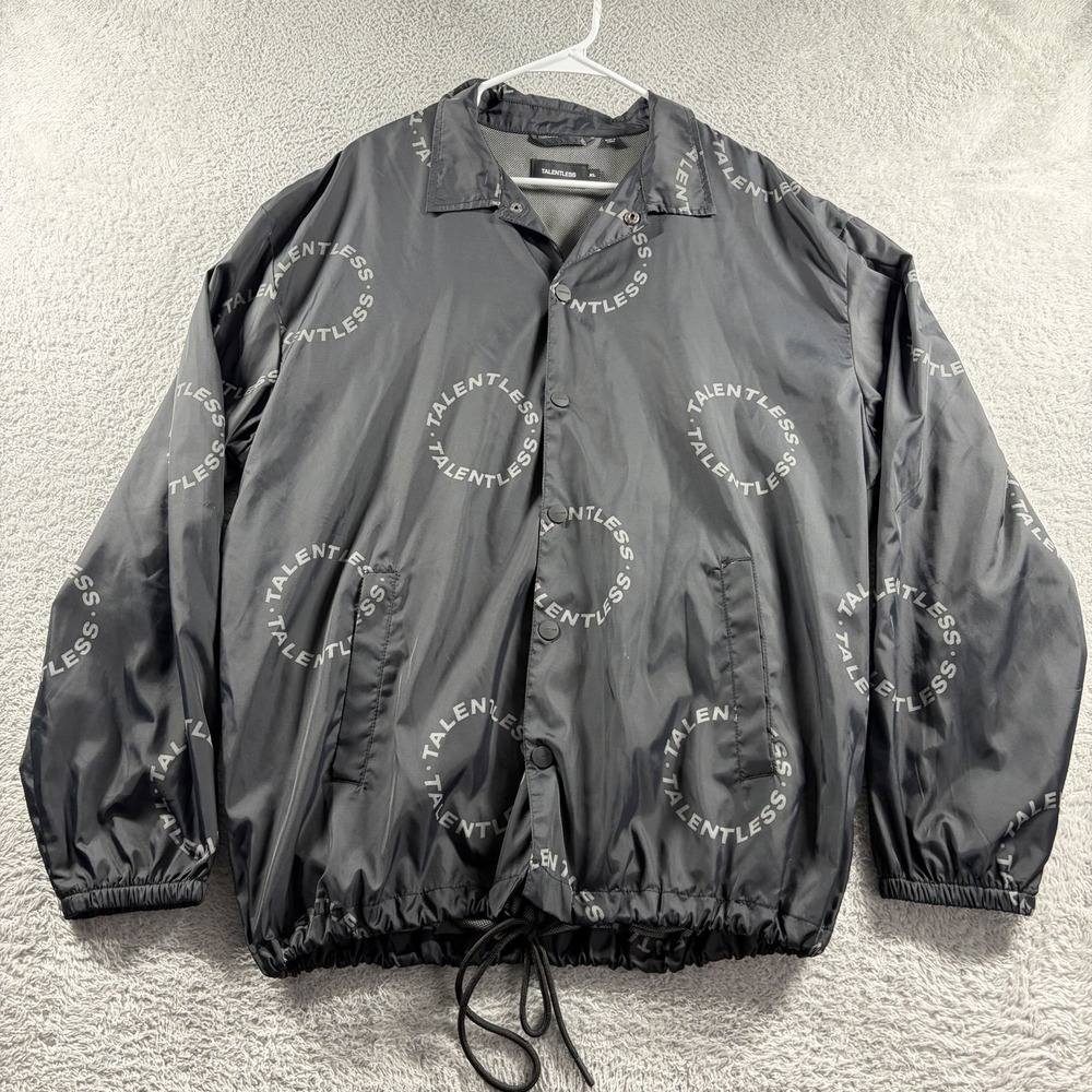 Talentless Windbreaker Jacket Mens XL Black Button Up‎ Collared Streetwear Cinch